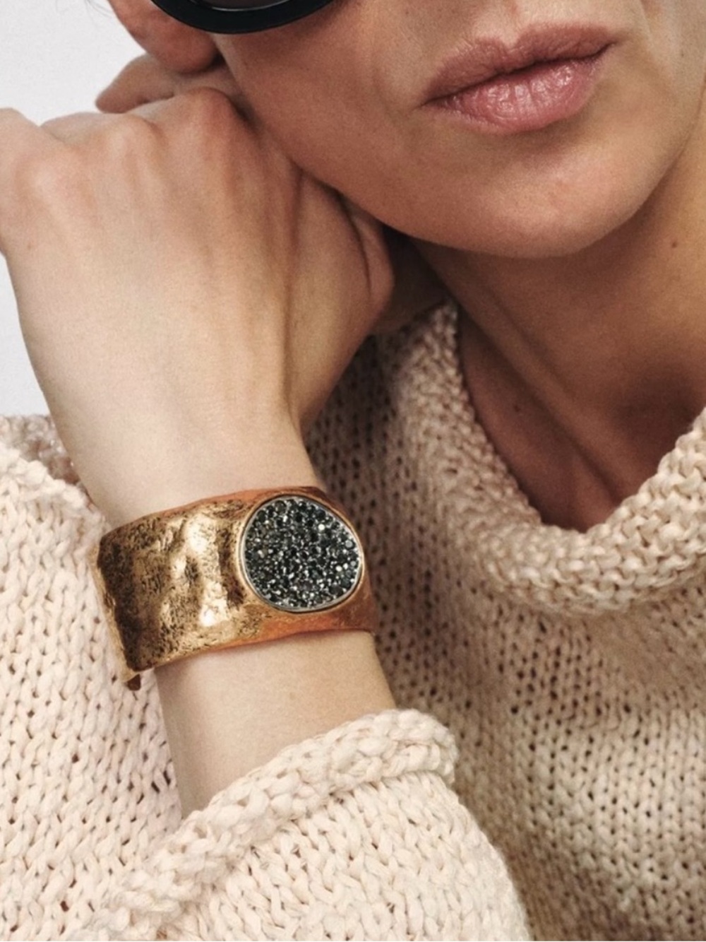 Zara Textured Gold Cuff Bracelet with Black Crystal Pavé
